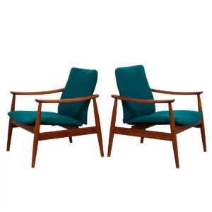 Pair of Finn Juhl Danish Modern Teak + Teal Easy Chairs