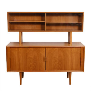 Compact Danish Teak Tambour Sideboard / Room Divider w/ Glass Display Top