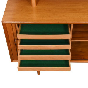 Compact Danish Teak Tambour Sideboard / Room Divider w/ Glass Display Top