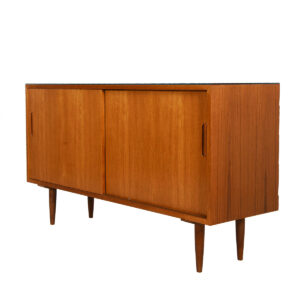 Compact Danish Modern Teak Sideboard w/ Protective Glass Top