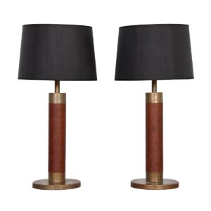 Pair of Solid Wood and Patinated Bronze Column Table Lamps