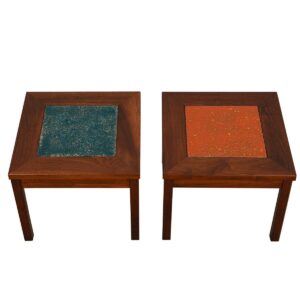 Two Walnut Accent Tables w/ a Cloisonné Inset, Blue & Orange
