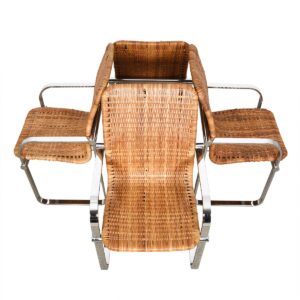 Milo Baughman Set of 4 Chrome & Rattan Chairs.
