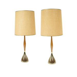 Pair of Slim Teak with Brass Table Lamps by Laurel
