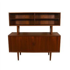 Compact Danish Teak Tambour Sideboard / Room Divider w/ Glass Display Top