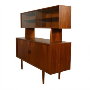 Compact Danish Teak Tambour Sideboard / Room Divider w/ Glass Display Top