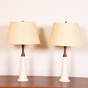 Pair of Tall Teak and White Decorator Lamps