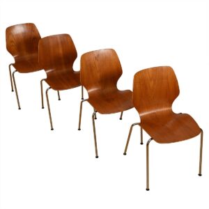 Stacking Set of 4 Iverson Teak + Chrome Leg Dining Chairs by Westnofa