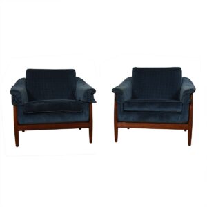 Pair of 1950’s Swedish Teak Club Chairs by Dux w/ Blue Patterned Upholstery