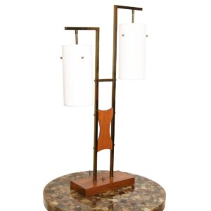 Pair of MCM Designer Two-Light Walnut, Brass & Frosted Glass Lamps