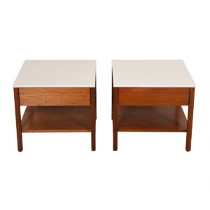 Pair of Mid Century Walnut White Top Nightstands / Side Tables by Knoll.