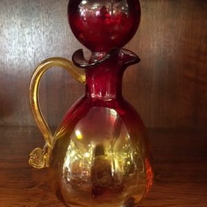 Vintage Blenko Pitcher with Large Round Stopper, Red & Gold