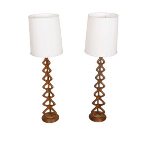 Pair Walnut + Brass Double-Helix Table Lamps w/ Marble Base