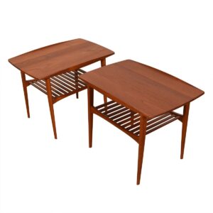 Pair Solid-Teak End Tables w/ Slatted Shelves.