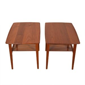 Pair Solid-Teak End Tables w/ Slatted Shelves.