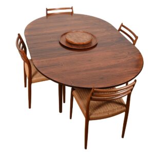 Ib Kofod-Larsen for Christensen & Larsen Rosewood 47″ Round-to-Oval Dining Table w/ Butterfly Leaves.