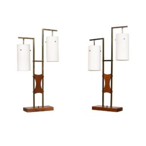 Pair of MCM Designer Two-Light Walnut, Brass & Frosted Glass Lamps