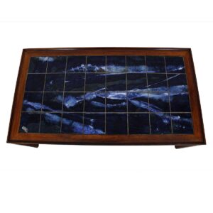 Large Danish Modern Coffee Table in Rosewood with White & Blue Tile Top.