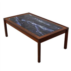 Large Danish Modern Coffee Table in Rosewood with White & Blue Tile Top.