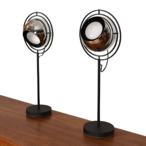 Sonneman Pair of Mid Century Chrome + Wrought Iron ‘Eyeball’ Adjustable Table Lamps