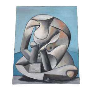 Vintage Cubist Style Painting with Thoughtful Figure