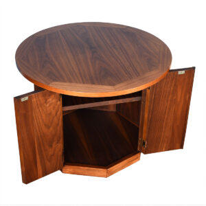 Mid-Century Walnut Round Accent Table / Storage Cabinet.