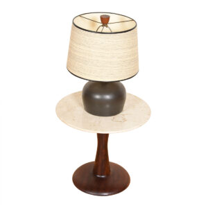 Swedish Round Travertine / Marble Tulip Accent Table w/ Walnut Base