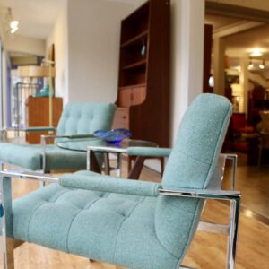 Pair of Milo Baughman for Thayer Coggin Chrome Flat Bar Lounge Chairs