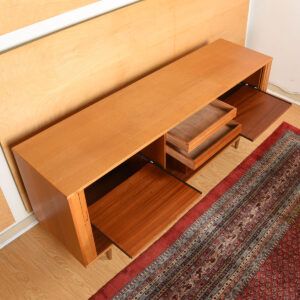 Danish Modern Tambour Door Lighted Media Sideboard w/ Pull-Out Shelves