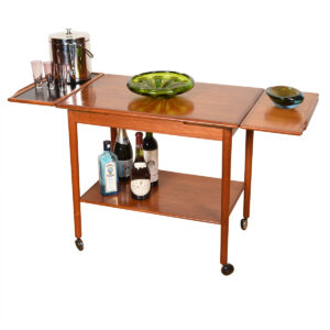 Expanding Danish Teak Rolling Bar / Serving Cart with Leaves