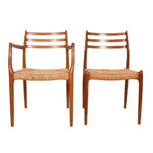 Set of 8 Teak Dining Chairs 2 Arm (Model #62) + 6 Side (Model #78) by Niels Møller