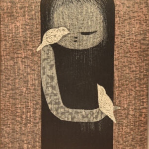 Wood Print of Innocent Child Playing with Two Birds by Kaoro Kawano
