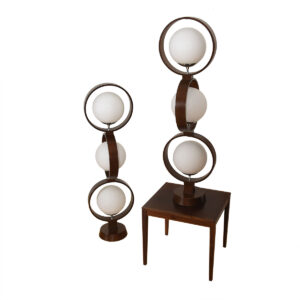 Pair of Modeline Large Triple Orb Walnut + Glass Globe Lamps