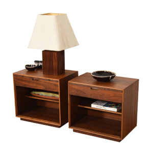 Pair Mid Century Walnut Nightstands w/ Adjustable Shelves