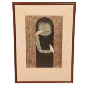 Wood Print of Innocent Child Playing with Two Birds by Kaoro Kawano