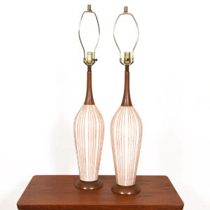 Pair, Mid-Century Modern Walnut and Striated Pottery Lamps