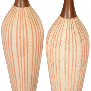 Pair, Mid-Century Modern Walnut and Striated Pottery Lamps