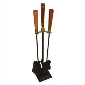 Mid Century Brass + Wood Accented Iron Fireplace Tool Set
