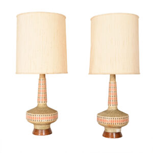 Pair of Tall Ceramic Lamps with Wood Bases