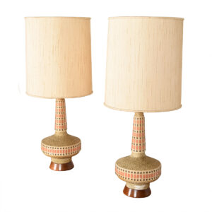 Pair of Tall Ceramic Lamps with Wood Bases