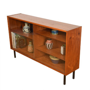 Slim Danish Teak Sliding Glass Door Bookcase Cabinet w/ Black Legs