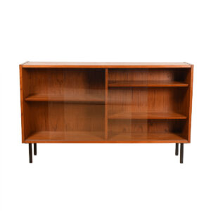 Slim Danish Teak Sliding Glass Door Bookcase Cabinet w/ Black Legs