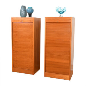 Tall Danish Modern Teak Locking Tambour Door Filing Cabinet