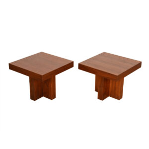 Pair Mid Century Modern Walnut Thick Accent Tables w/ X-Bases