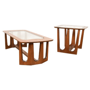 Sculptural Brasilia-Style Mid Century Walnut & Glass Coffee + End Table Set