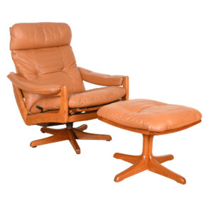 Reclining Adjustable Danish Teak Leather Lounge Chair + Ottoman