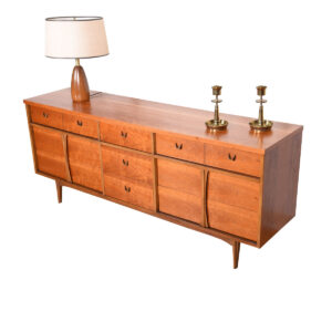 Long Mid-Century Modern Walnut 9-Drawer Dresser with Brass & Sculptural Pulls