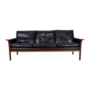 Compact Rosewood Black Leather Sofa by Hans Olsen