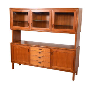 Swedish Modern Double Decker Lighted Teak Highboard w/ Serving Shelf