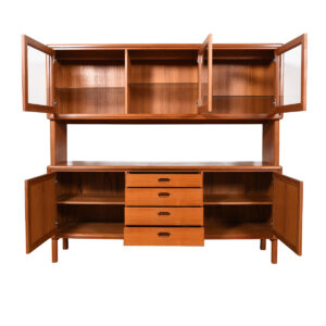 Swedish Modern Double Decker Lighted Teak Highboard w/ Serving Shelf